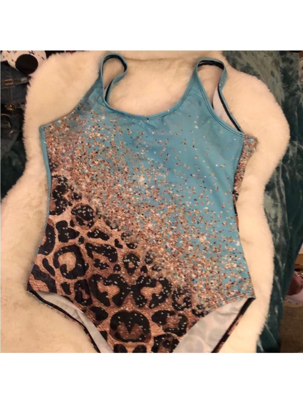 Blue Leopard Print Glitter One-Piece Swimsuit